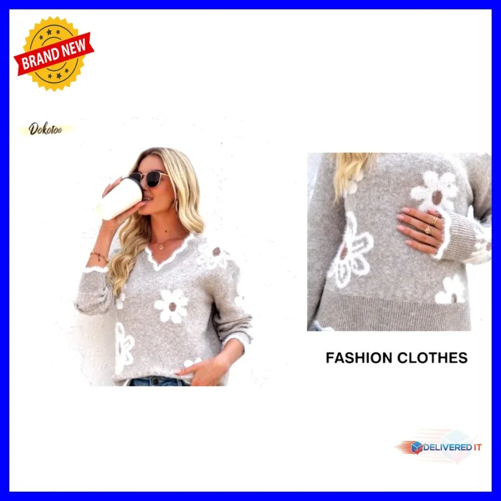 V-Neck Ribbed Knit Pullover Sweater Fuzzy Floral Pattern Cozy Casual Tops - Picture 7 of 7